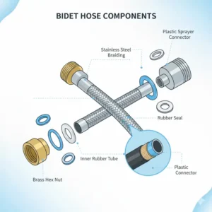 Exploded view illustrating the individual components that make up a durable hose for toilet bidet.