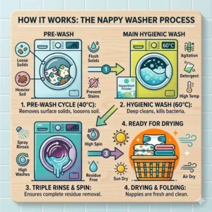 A step-by-step diagram showing the effective cleaning stages of a modern nappy washer.