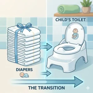A side-by-side comparison of a stack of baby diapers and a child-sized diaper toilet training seat.