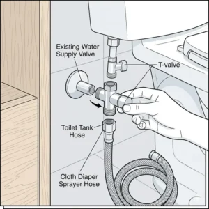 Simple line drawing showing how to connect a sprayer for toilet for cloth diapers to the water supply line.