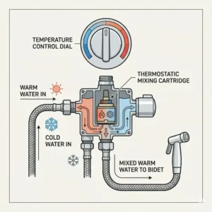 Technical diagram of the mixing valve system for a handheld bidet with warm water.