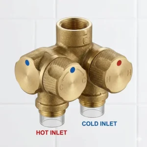 Illustration 1: Close-up of the brass mixing valve for a handheld bidet sprayer hot and cold with temperature indicators.