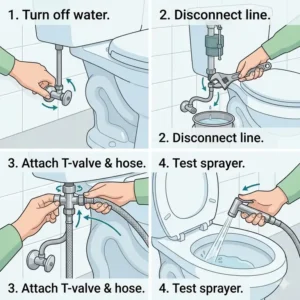 Simple step-by-step visual instructions on how to set up the best handheld bidet sprayer for toilet.