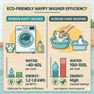 An infographic comparing water and energy efficiency between a nappy washer and hand washing.