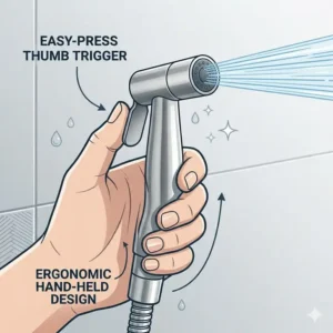 An ergonomic handheld stainless steel bidet spray with an easy-press thumb trigger for comfortable use.