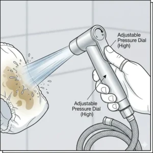 Illustration of the adjustable spray nozzle on a sprayer for toilet for cloth diapers showing a strong water stream.