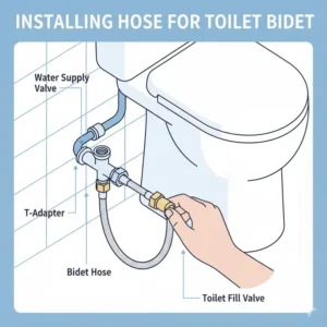 Diagram showing the correct step-by-step process for installing a hose for toilet bidet to the water supply valve.