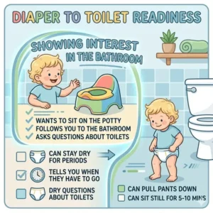 An educational chart showing a toddler showing interest in the bathroom during the diaper toilet readiness stage.