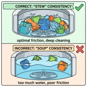 Diagram of the ideal water-to-load ratio for the best washer for cloth diapers to achieve perfect friction.