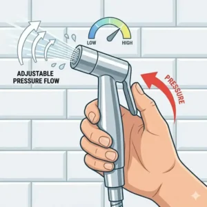 Close-up of the spray nozzle showing adjustable pressure on a handheld bidet with warm water.