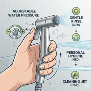 Infographic showing the adjustable water pressure settings of a stainless steel bidet spray from gentle to powerful jet.