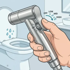 Close-up of the ergonomic trigger showing adjustable water flow on the best handheld bidet sprayer for toilet.