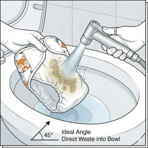 Illustration showing the proper angle to use a sprayer for toilet for cloth diapers to rinse a diaper over the bowl.