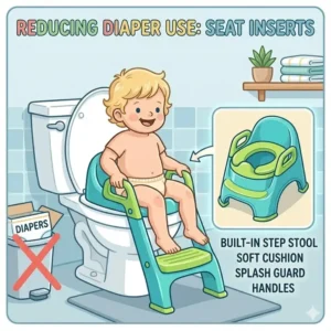 A specialized potty seat with handles designed to help children move through the diaper toilet phase.