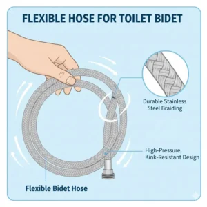 Close-up view demonstrating the high-pressure flexibility and kink-resistant design of the hose for toilet bidet.