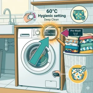 Illustration of a nappy washer control panel highlighting the 60-degree hygienic wash setting.