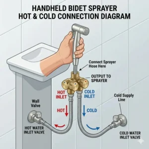 Illustration 3: Detailed installation diagram showing how to connect a handheld bidet sprayer hot and cold to water lines.