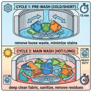 A step-by-step guide on the two-cycle wash routine used in the best washer for cloth diapers.