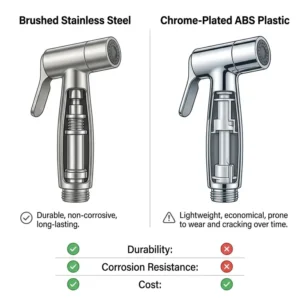 Comparison between stainless steel and plastic builds to find the best handheld bidet sprayer for toilet durability.