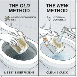 A side-by-side comparison illustration of the messy dunk method versus the clean use of a sprayer for toilet for cloth diapers.