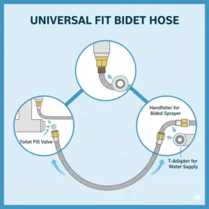 Infographic explaining how to ensure a universal fit when connecting your hose for toilet bidet to bathroom plumbing.