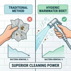 Comparison chart showing the superior hygiene of using a handheld bidet with warm water versus toilet paper.