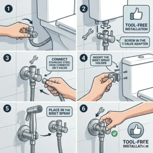 Step-by-step diagram for a quick DIY installation of a stainless steel bidet spray to a toilet water supply.