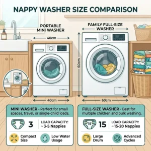 A side-by-side size comparison between a portable mini nappy washer and a full-size machine.