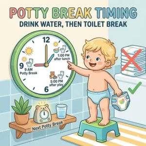 A visual schedule for parents to coordinate water intake and diaper toilet breaks for their toddler.