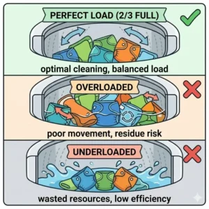 Illustration showing the 2/3 drum loading rule for the best washer for cloth diapers to prevent overloading.