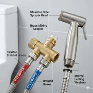 Illustration 4: High-quality components and accessories included with the handheld bidet sprayer hot and cold kit.