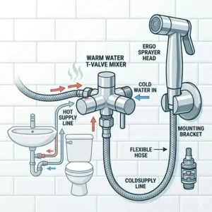 Breakdown of all components included in a premium handheld bidet with warm water kit.