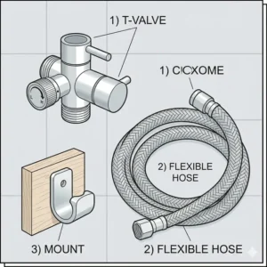 Labeled diagram of the T-valve, flexible hose, and mount for a sprayer for toilet for cloth diapers.