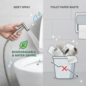 Comparison showing how using a stainless steel bidet spray reduces toilet paper waste for an eco-friendly lifestyle.