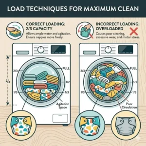 An instructional drawing showing the correct way to load a nappy washer for maximum agitation.