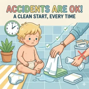 A supportive scene showing how to handle minor accidents while teaching a child about diaper toilet habits.