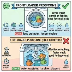 Choosing between front load and top load models when searching for the best washer for cloth diapers.