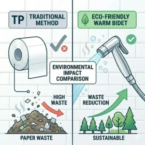 Infographic illustrating the environmental benefits and waste reduction of a handheld bidet with warm water.