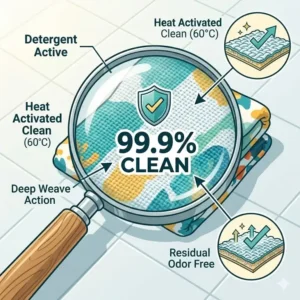 A close-up graphic showing 99.9% clean fabric results achieved by a high-quality nappy washer.
