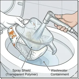 Illustration of a plastic spray shield being used with a sprayer for toilet for cloth diapers to prevent splashing.