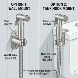 Illustration 6: Comparison between wall-mount and tank-hook mount for a handheld bidet sprayer hot and cold.