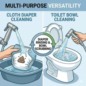 Demonstrating the versatile cleaning uses of the best handheld bidet sprayer for toilet in a family bathroom.