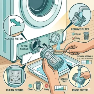 A simple guide showing how to access and clean the debris filter of a nappy washer.