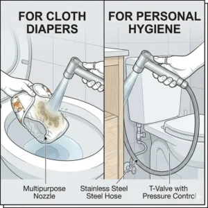 Illustration highlighting the dual function of a sprayer for toilet for cloth diapers as both a bidet and a diaper cleaner.