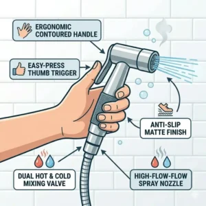 Detailed view of the ergonomic handle and trigger of a modern handheld bidet with warm water.