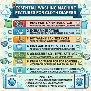 A checklist of must-have technical features when choosing the best washing machine for cloth diapers.