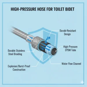 Illustration displaying the burst-resistant and high-pressure safety features of the hose for toilet bidet.