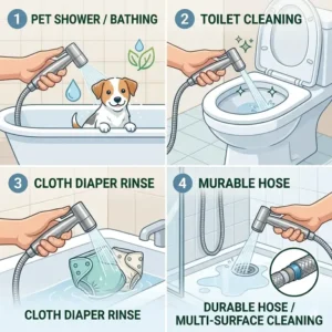 A stainless steel bidet spray being used for versatile tasks like pet bathing and bathroom cleaning.