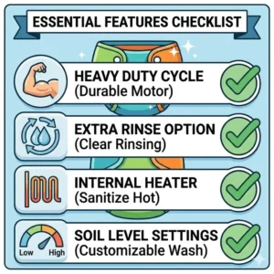 A checklist of essential technical features to look for in the best washer for cloth diapers.