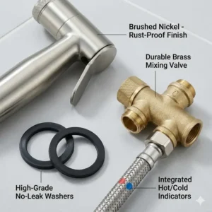 Illustration 7: Close-up of the brushed nickel finish and leak-proof washers of a handheld bidet sprayer hot and cold.